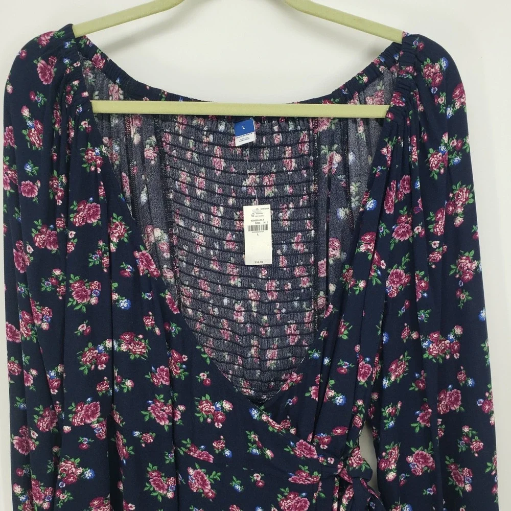 Old Navy Puff Sleeve Floral Smocked Wrap Blouse Top Women L Navy Long Sleeve